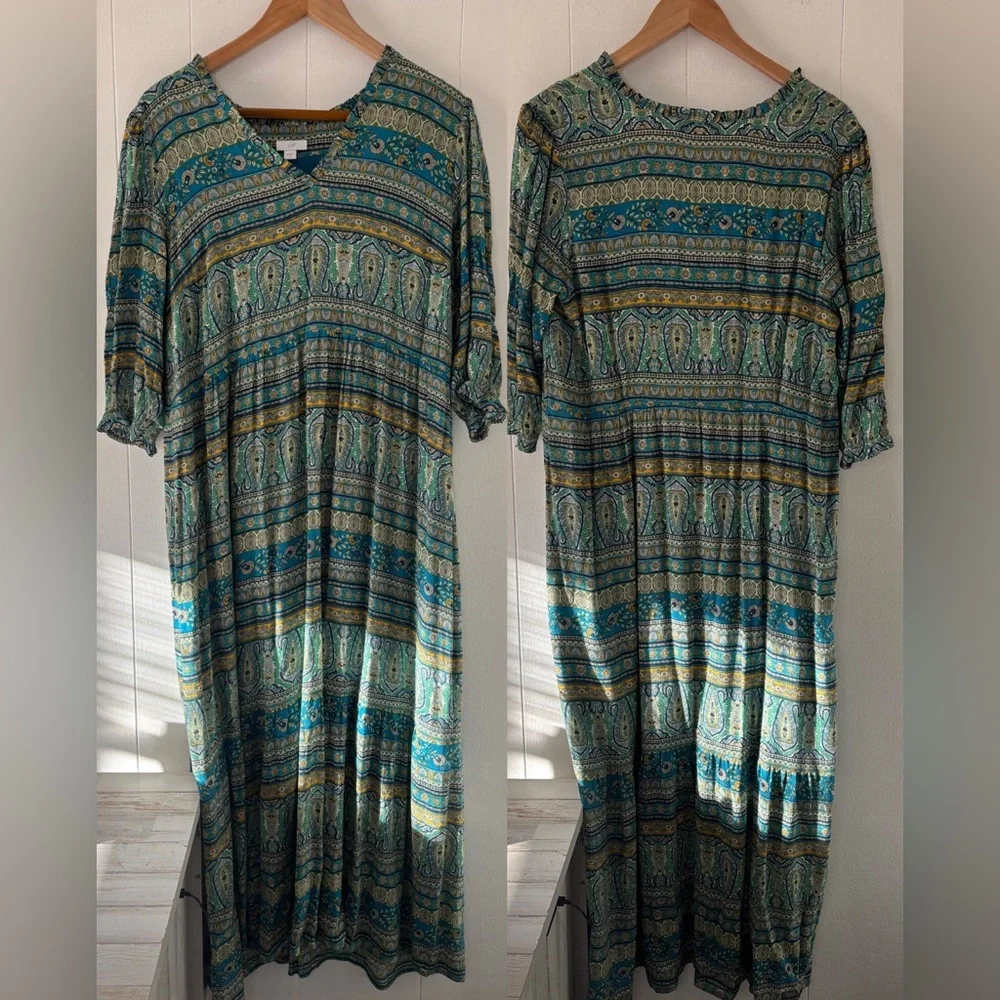 NEW J. Jill Floral Paisley Peasant Maxi Dress Puff Sleeve Blue Boho Size Medium - Picture 2 of 16